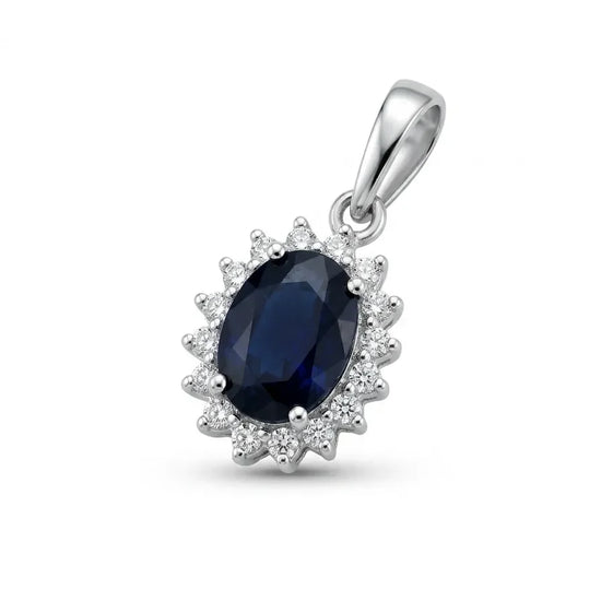 Elegantiškas 14 mm balto aukso pakabukas su safyru