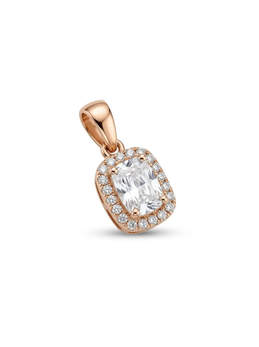 Raudono aukso pakabukas su centriniu cirkoniu ir cirkonių apvadu
