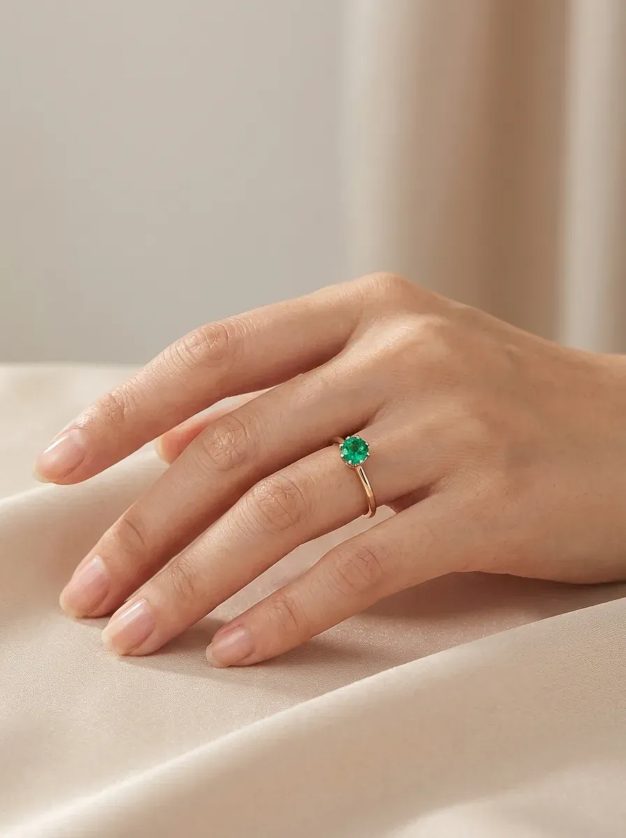 Rožinio aukso žiedas su smaragdu