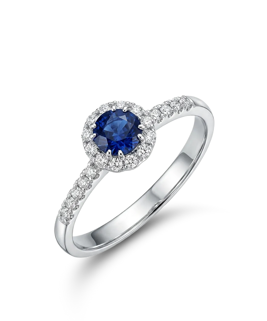 Auksinis žiedas su safyru ir briliantais 0,32 ct, 16 dydis