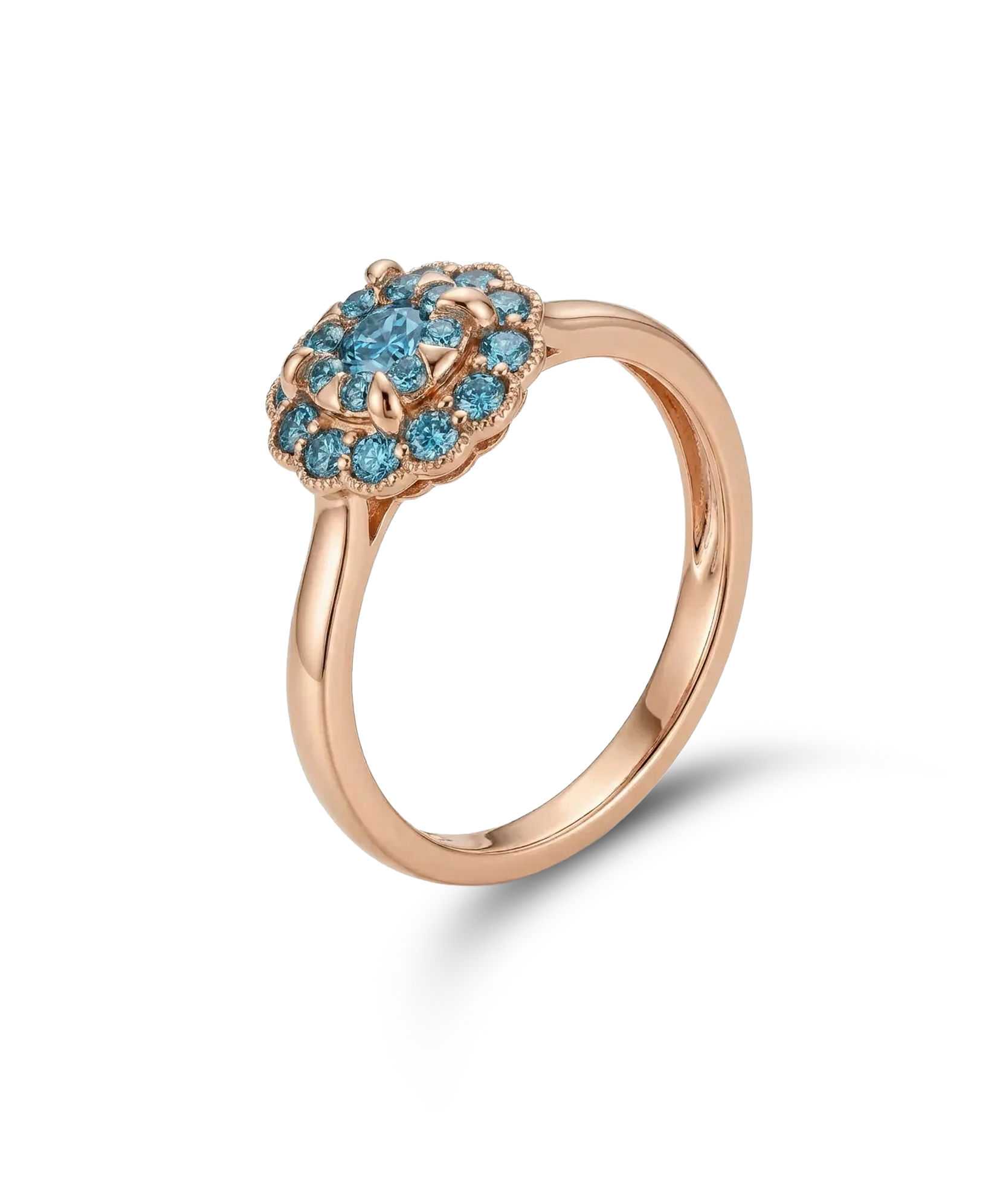 Gėlės formos žiedas su mėlynais brangakmeniais