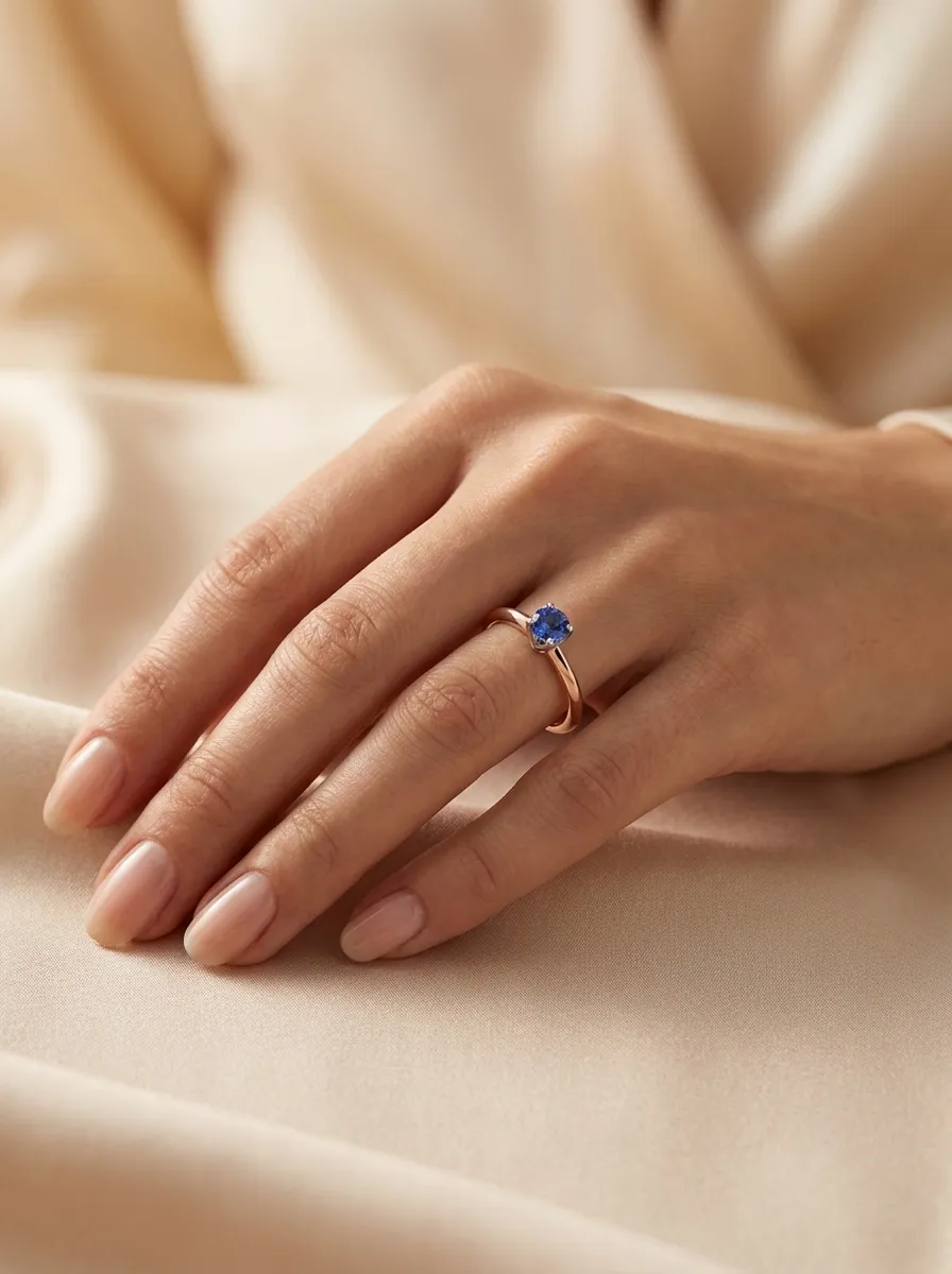 Moteriškas auksinis žiedas su mėlynu akmeniu