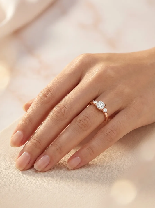 Raudono aukso žiedas su trimis baltais cirkoniais