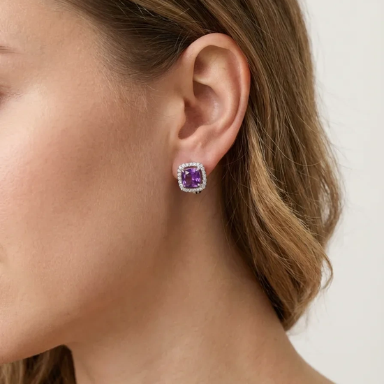 925 sidabro auskarai su kvadratiniu violetiniu akmeniu