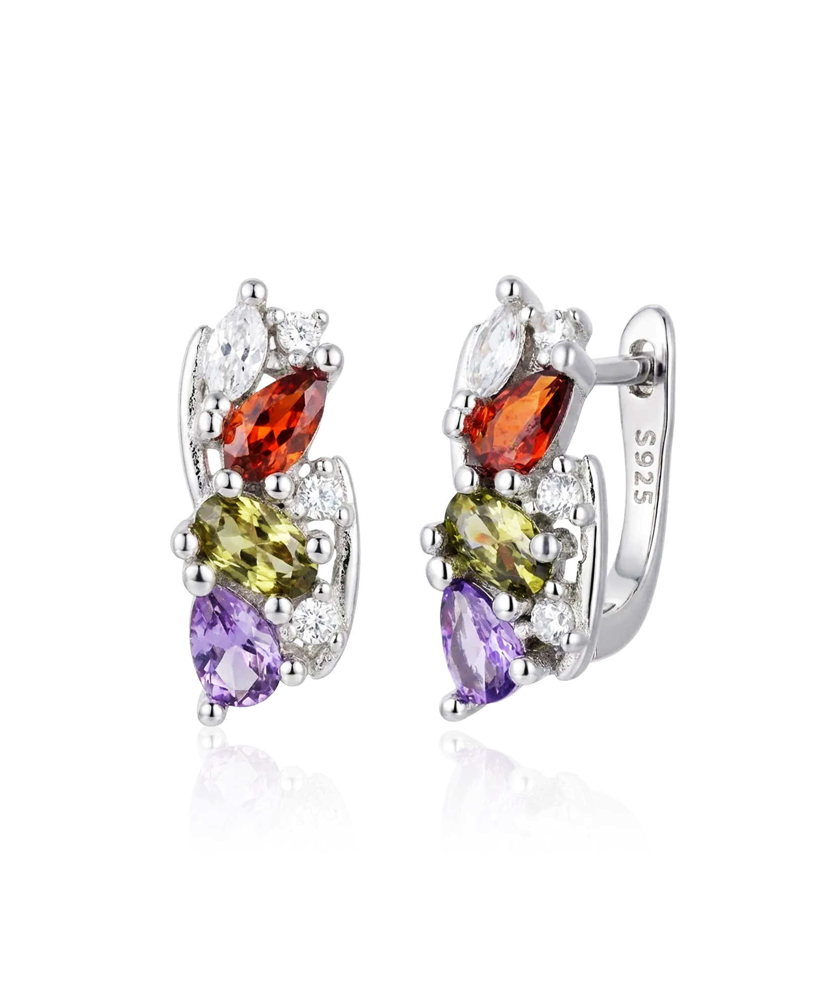 sidabriniai auskarai su spalvotais akmenimis ir cirkoniais