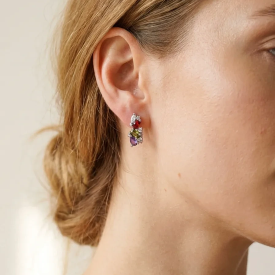 925 sidabro auskarai su violetiniu, žaliu ir oranžiniu akmenimis
