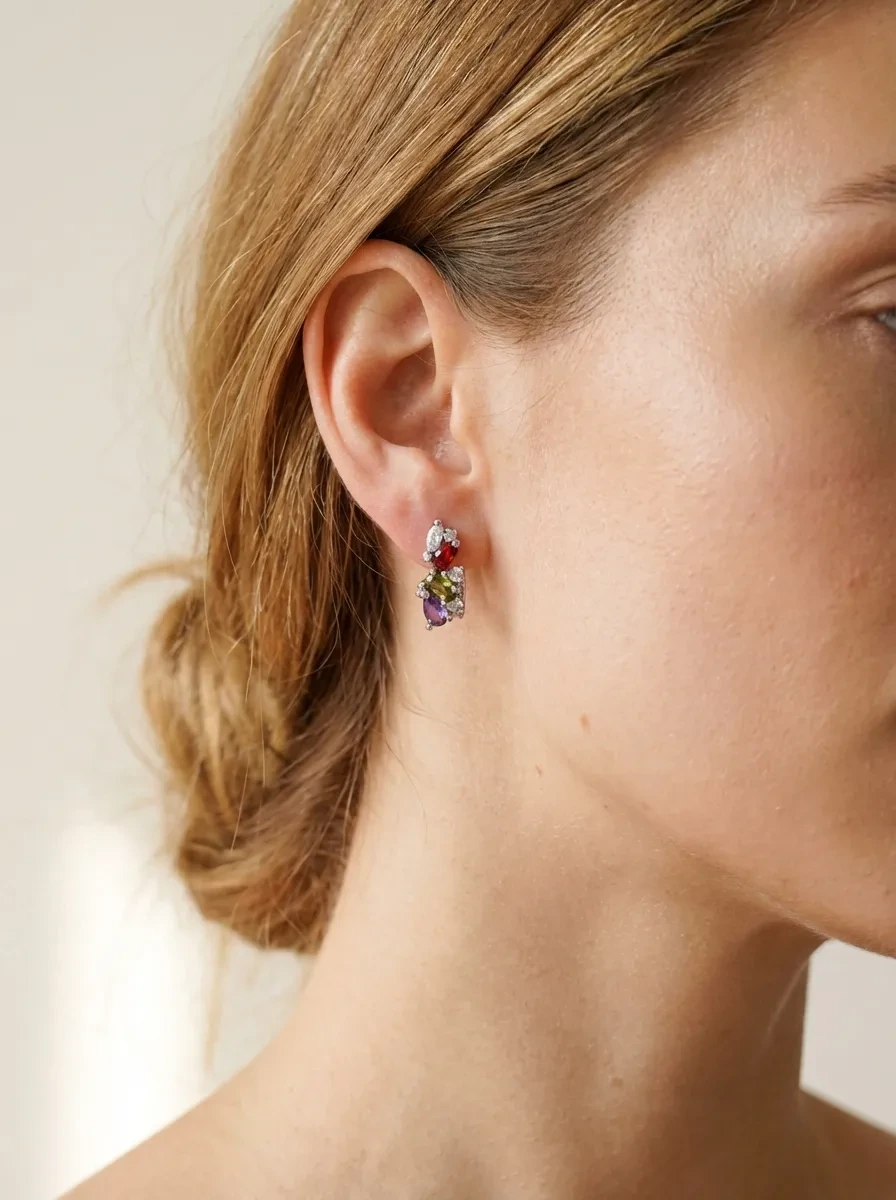 925 sidabro auskarai su violetiniu, žaliu ir oranžiniu akmenimis