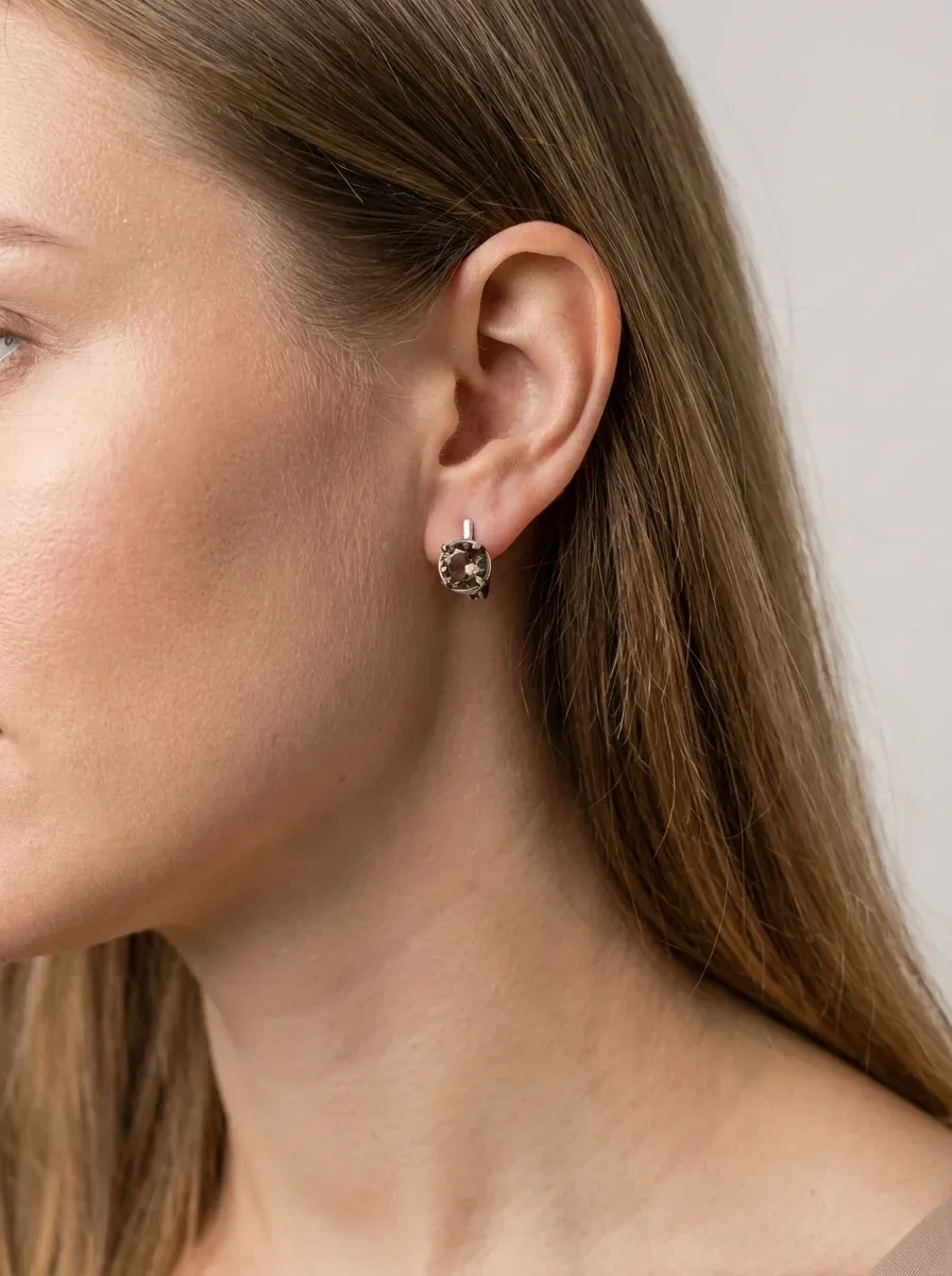 925 sidabro auskarai su rudu apvaliu akmeniu