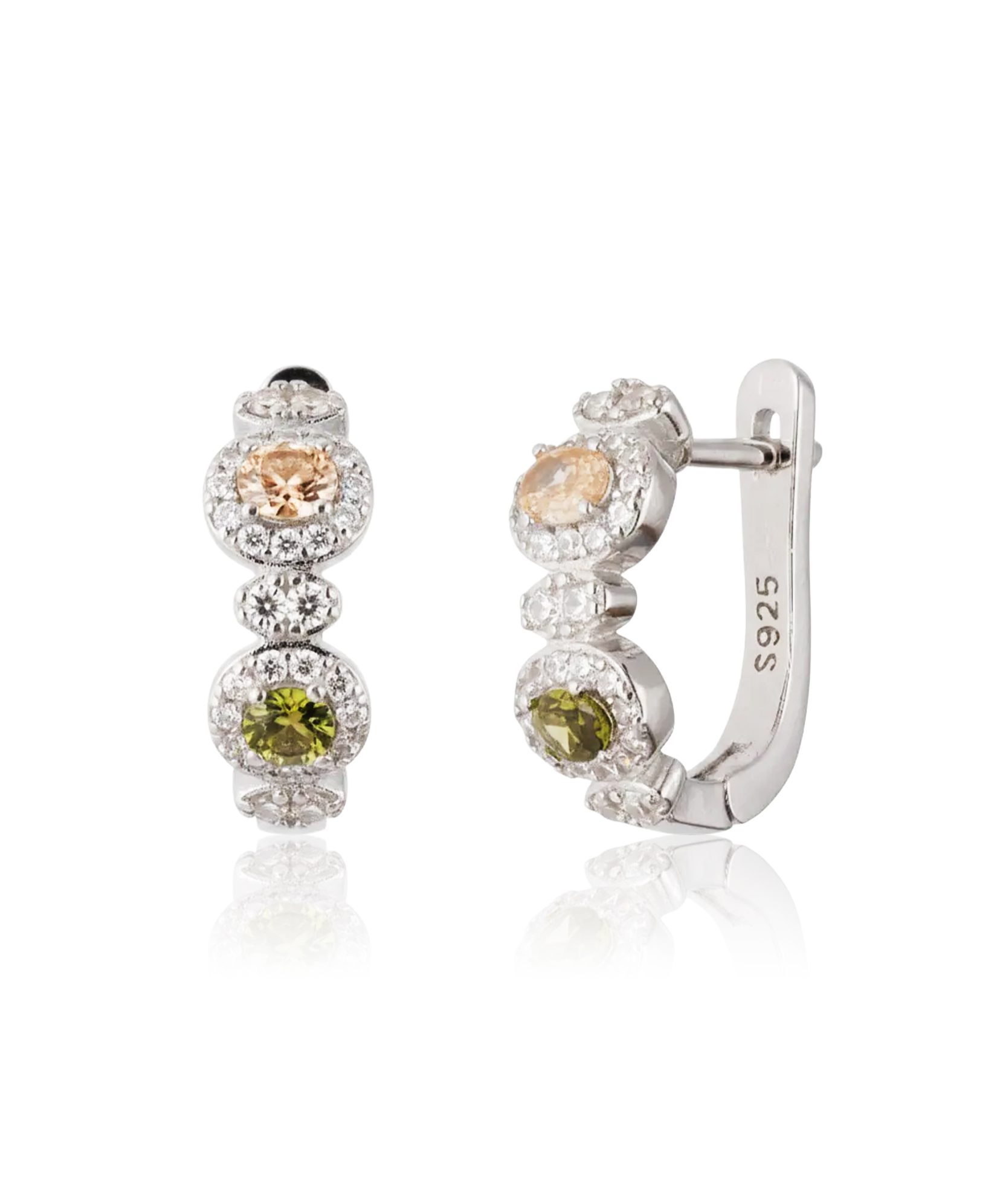 sidabriniai auskarai su spalvotais akmenimis ir cirkoniais