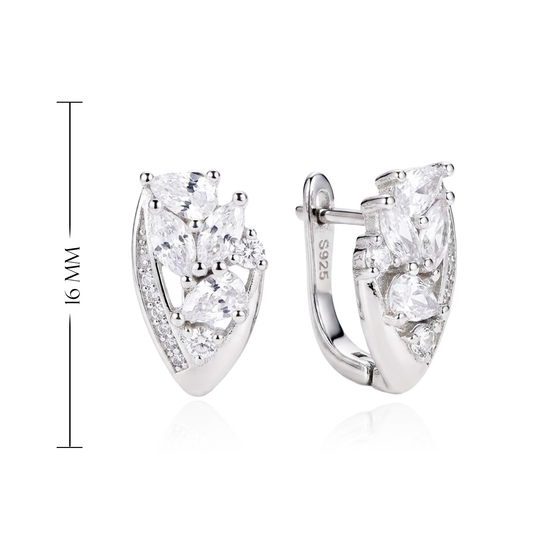 Išraiškingo dizaino sidabriniai auskarai su įvairių formų cirkoniais