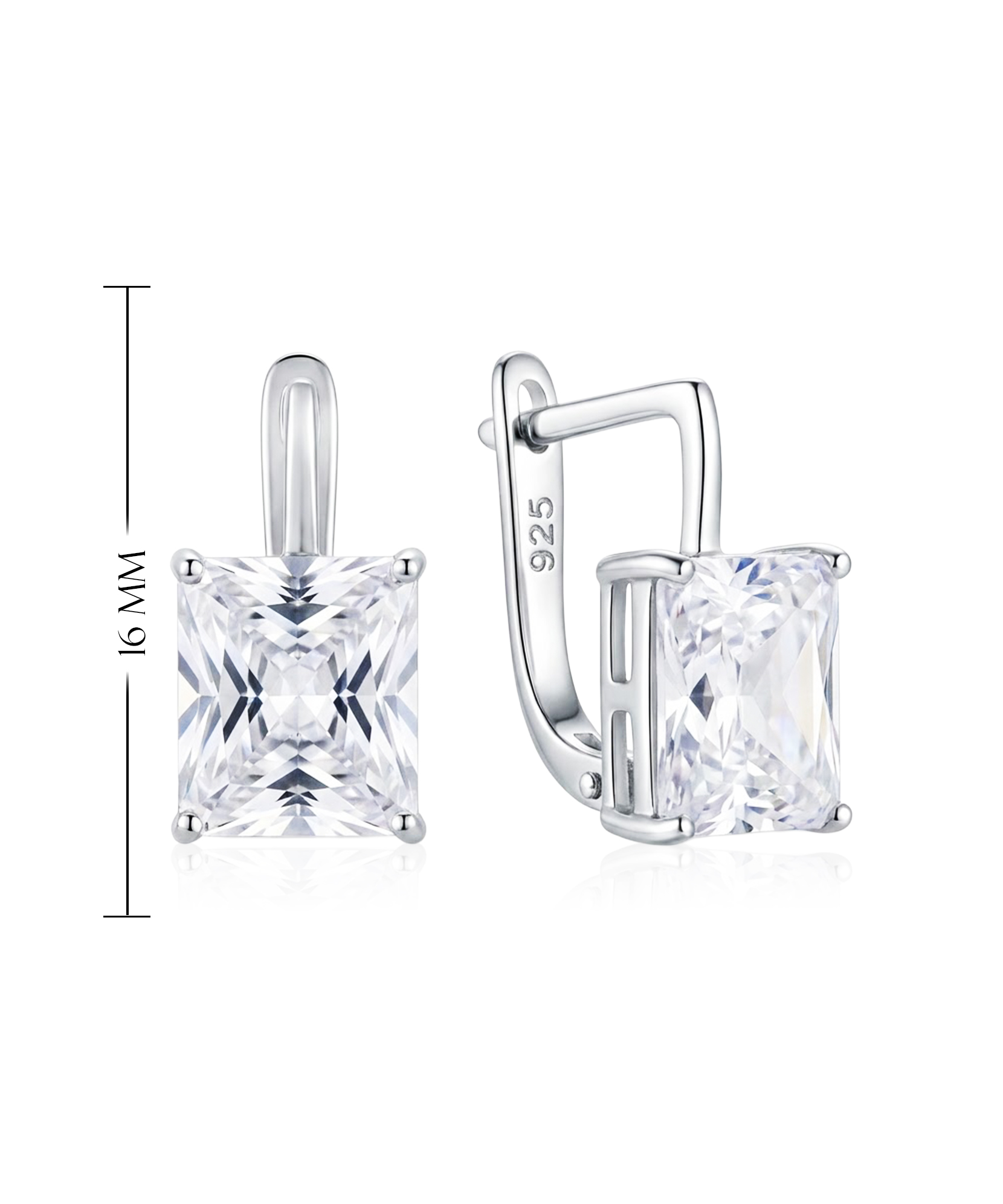 Minimalistinio dizaino sidabriniai auskarai su kvadratiniu akmeniu