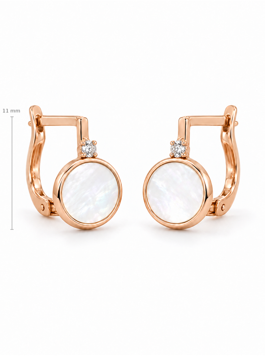 Auksiniai apvalūs auskarai su perlamutru ir cirkoniais – 11 mm