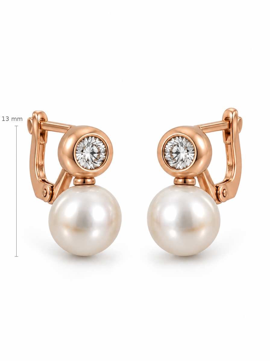 Auksiniai kabantys auskarai su perlais ir cirkoniais – 13 mm