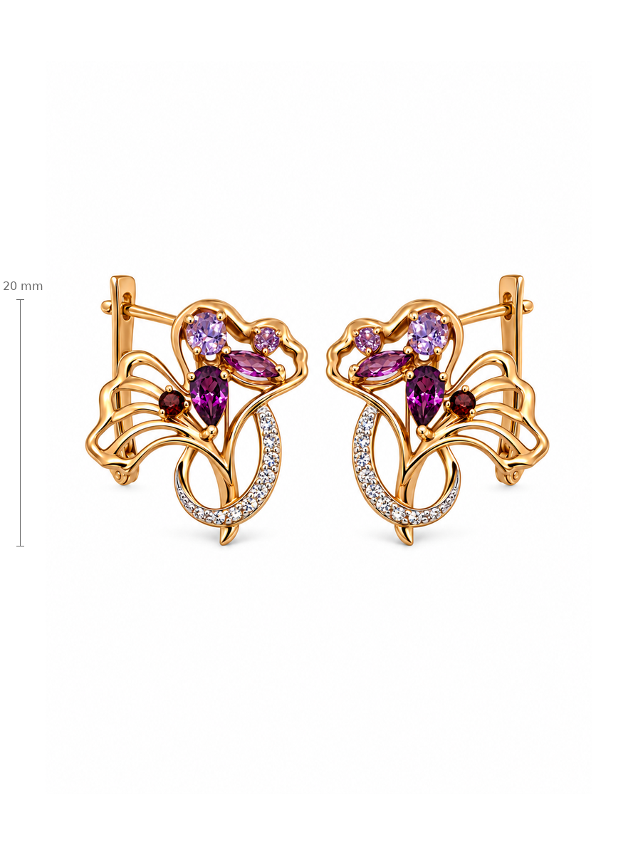 Auksiniai gėlių motyvo auskarai su violetiniais cirkoniais – 20 mm
