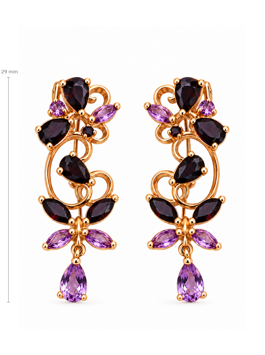 Auksiniai ilgi auskarai su juodais ir violetiniais cirkoniais – 29 mm