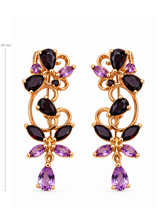 Auksiniai ilgi auskarai su juodais ir violetiniais cirkoniais – 29 mm