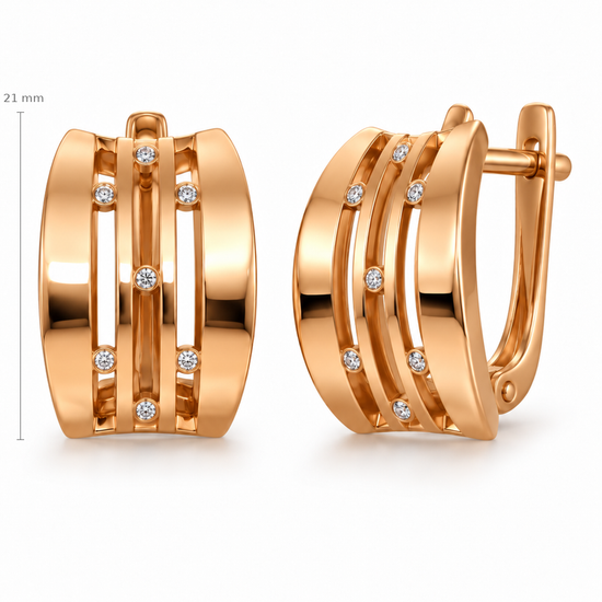 Auksiniai platūs auskarai su cirkoniais – 21 mm