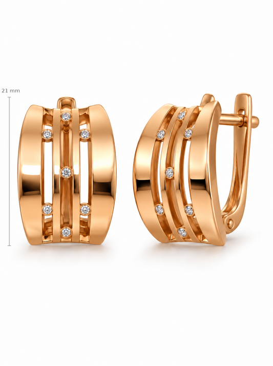 Auksiniai platūs auskarai su cirkoniais – 21 mm