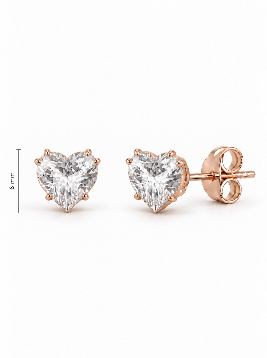 Auksiniai auskarai su cirkoniais – širdelės formos vinukai – 6.0 mm aukštis
