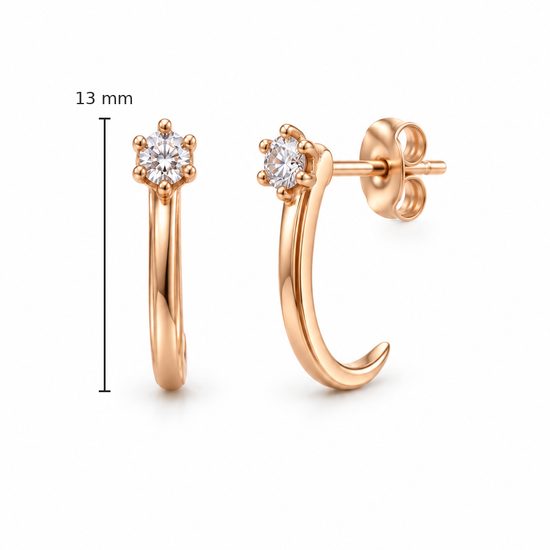 Auksiniai J formos auskarai vinukai su cirkonio akcentu – 13 mm bendro aukščio iliustracija