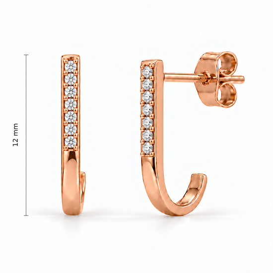Auksiniai auskarai su cirkoniais – J formos vinukai su cirkonių eile – 12.0 mm aukštis