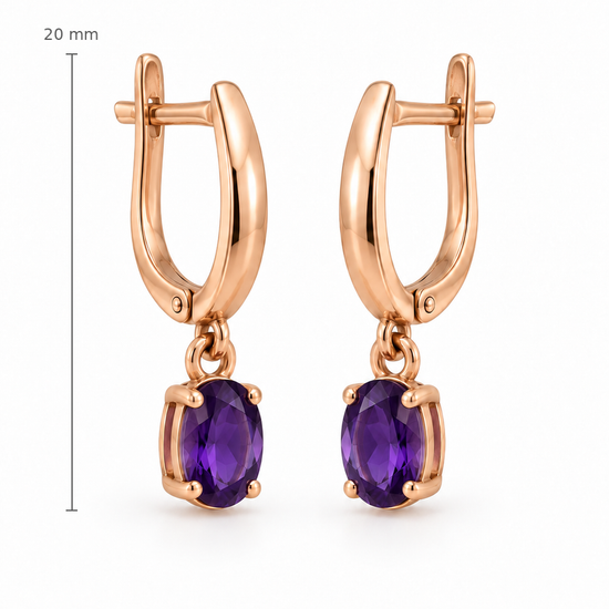 Auksiniai kabantys auskarai su violetiniais cirkoniais – dydis 20 mm