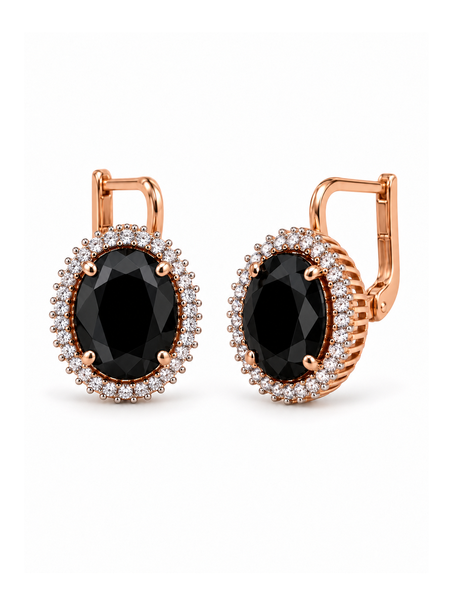 Auksiniai ovalūs auskarai su tamsiais ir skaidriais cirkoniais
