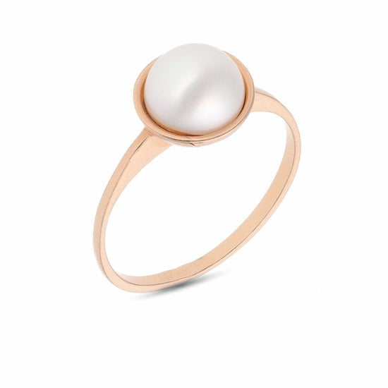 Rožinio aukso žiedas su dideliu baltu perlu