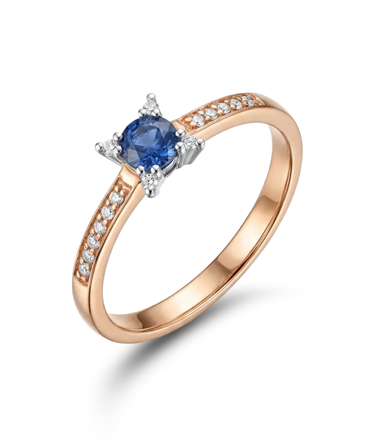 Rožinio aukso žiedas su mėlynu safyru ir briliantais