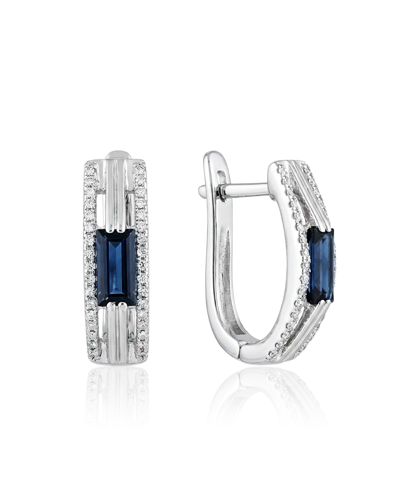 Balto aukso auskarai su mėlynaisiais akmenimis ir baltaisiais briliantais – priekinis vaizdas