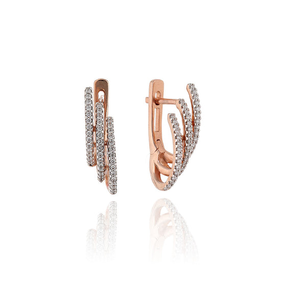 Trijų eilučių rožinio aukso auskarai su briliantais