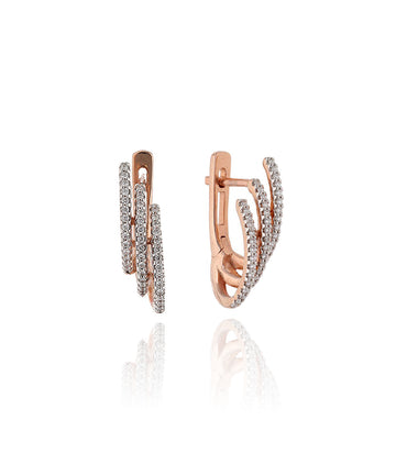 Trijų eilučių rožinio aukso auskarai su briliantais