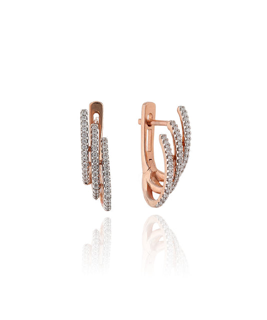 Trijų eilučių rožinio aukso auskarai su briliantais