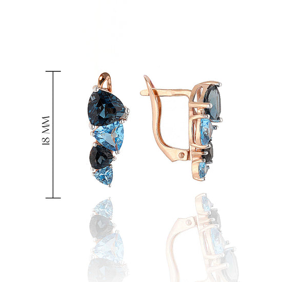 Auskarai su mėlynaisiais akmenimis – šoninė perspektyva, rožinis auksas