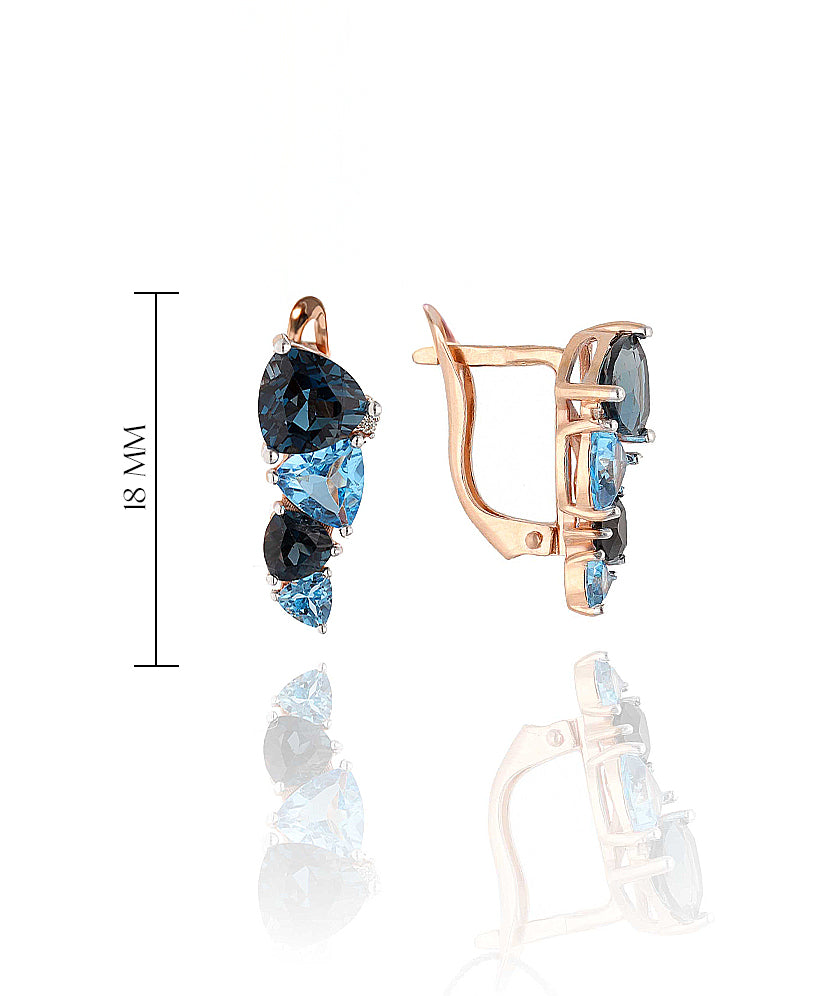 Auskarai su mėlynaisiais akmenimis – šoninė perspektyva, rožinis auksas