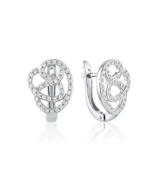 sidabriniai auskarai su persipinančiu dizainu ir cirkoniais