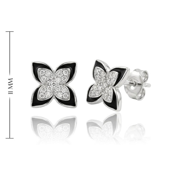 moteriški sidabriniai auskarai su cirkoniais ir juodu emaliu