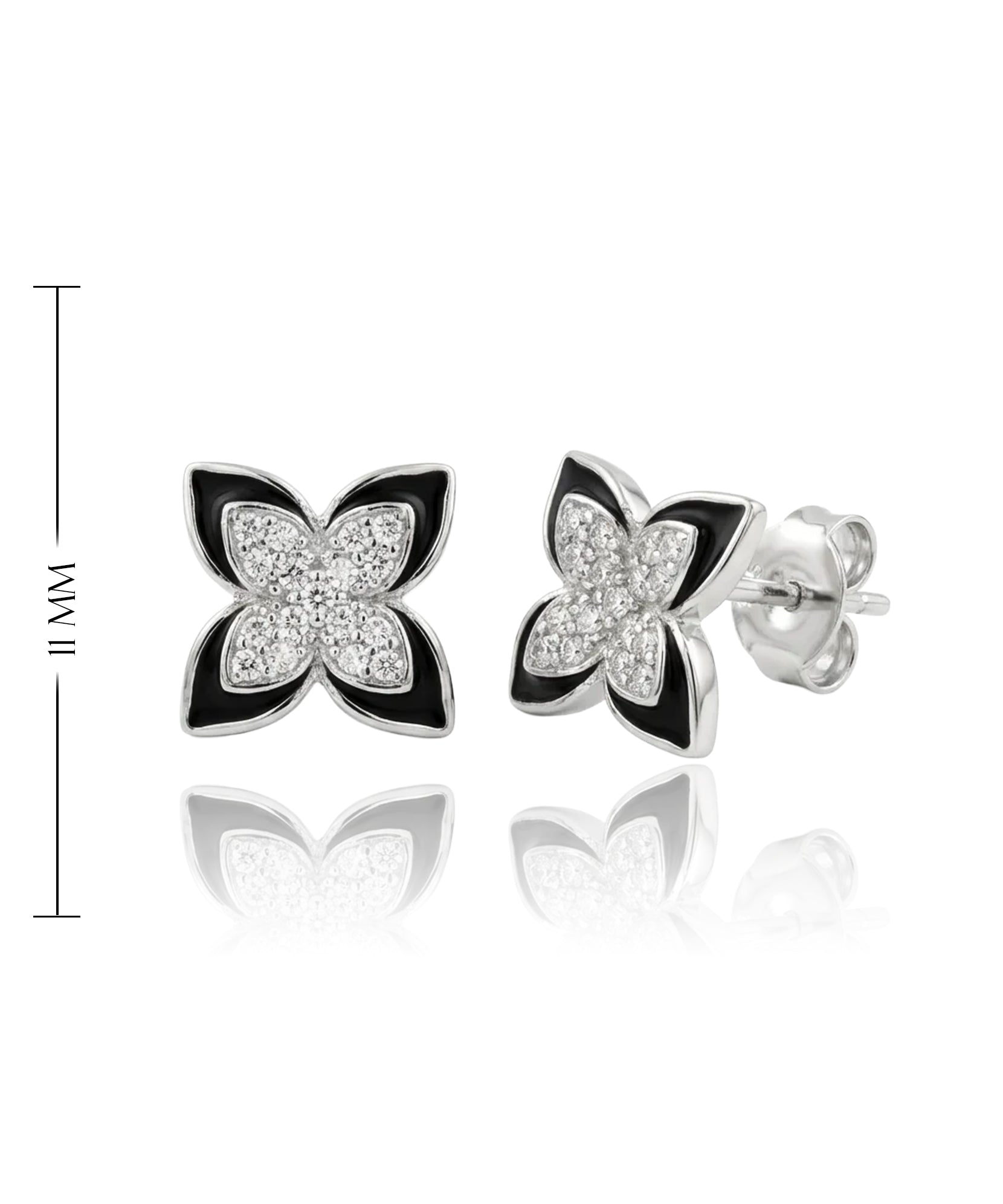 moteriški sidabriniai auskarai su cirkoniais ir juodu emaliu