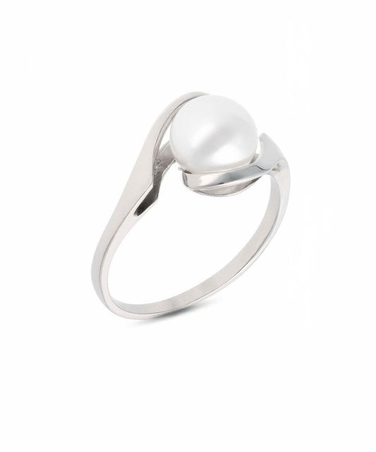 Baltas auksinis žiedas su natūraliu perlu – elegantiškas aksesuaras