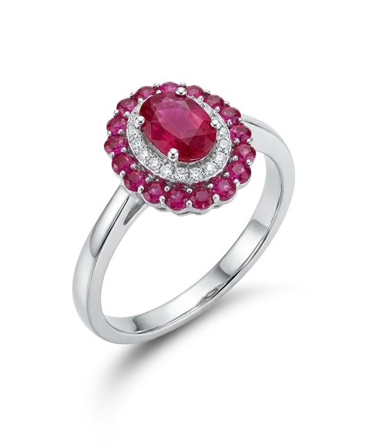 Balto aukso žiedas su centriniu rubinu ir briliantais