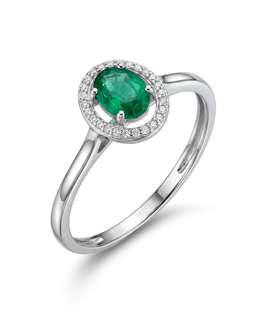 Balto aukso žiedas su smaragdu ir briliantų aureole