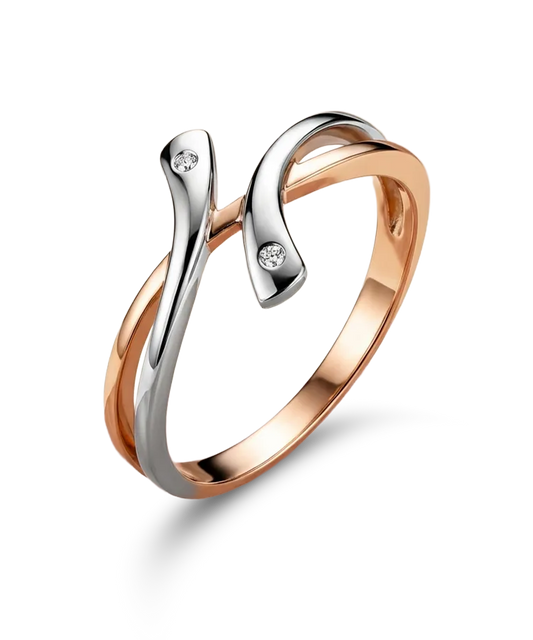 Dviejų spalvų auksinis žiedas su briliantais – modernus dizainas