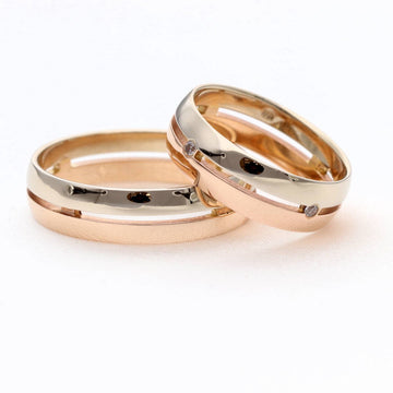 Dviejų spalvų vestuviniai žiedai, 6 mm, balto ir rožinio aukso perėjimas su taškiniais briliantais