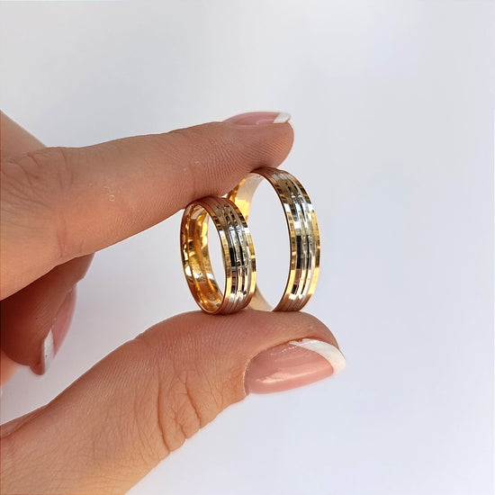 Vestuviniai žiedai, rožinis + baltas auksas 585, poliruotas paviršius, tekstūrinė balto aukso juosta