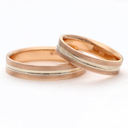 Dviejų spalvų vestuvinių žiedų pora, 4 mm, rožinis auksas su siaura balto aukso juosta