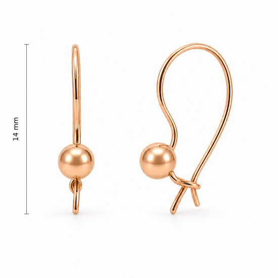 Raudono aukso auskarai kabliukai su rutuliukais – 14 mm aukštis