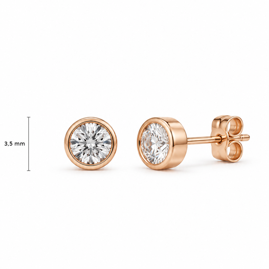 Raudono aukso auskarai vinukai su cirkoniais lygiame apvade – 3.5 mm aukštis