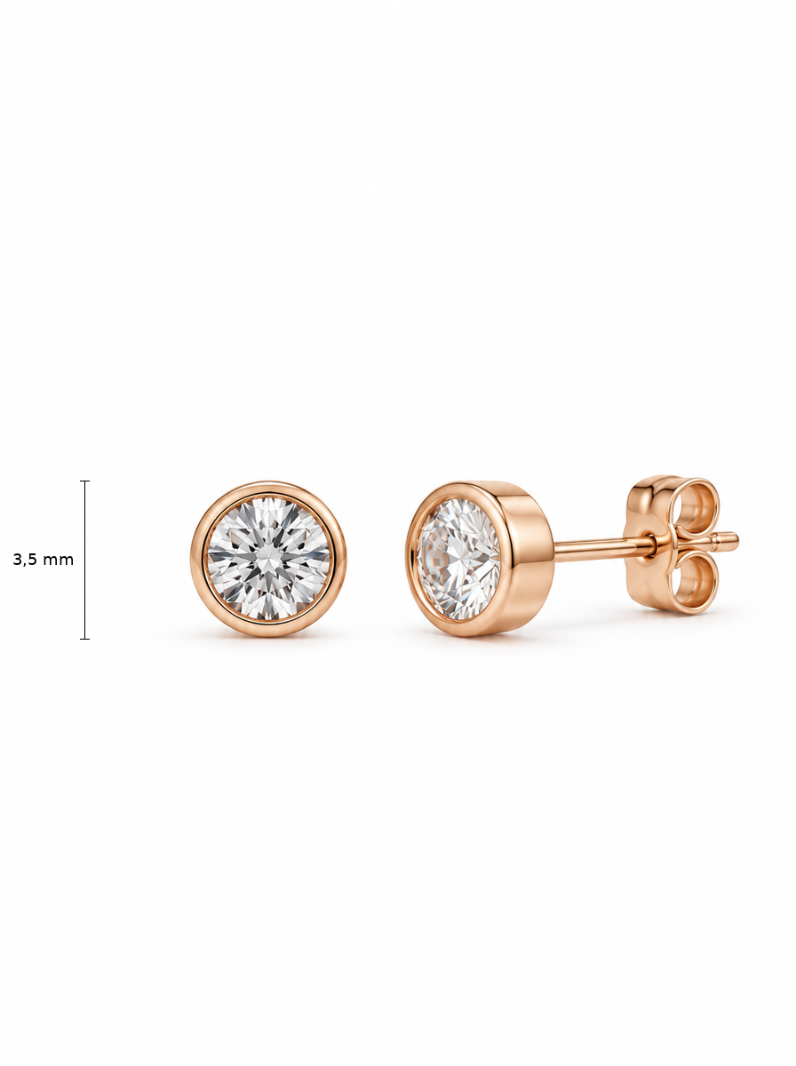Raudono aukso auskarai vinukai su cirkoniais lygiame apvade – 3.5 mm aukštis