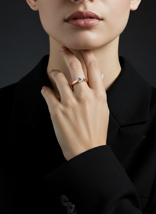 Elegantiškas sužadėtuvių žiedas moters rankoje