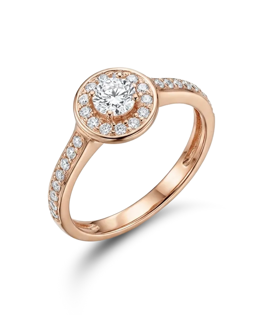Rožinio aukso sužadėtuvių žiedas su 0.3 ct briliantu ir aureole